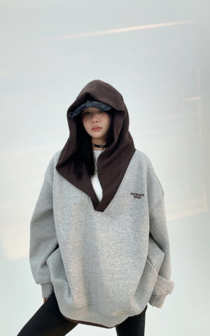 Contrast Color V-Neck Hooded Sweatshirt