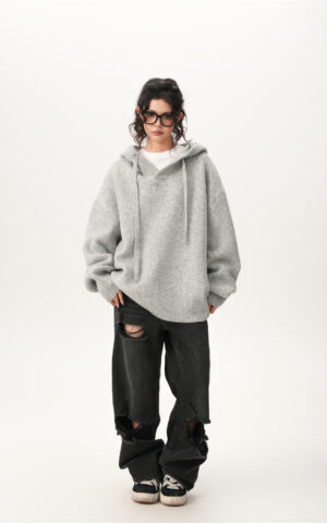 Grey Hooded Knit Pullover