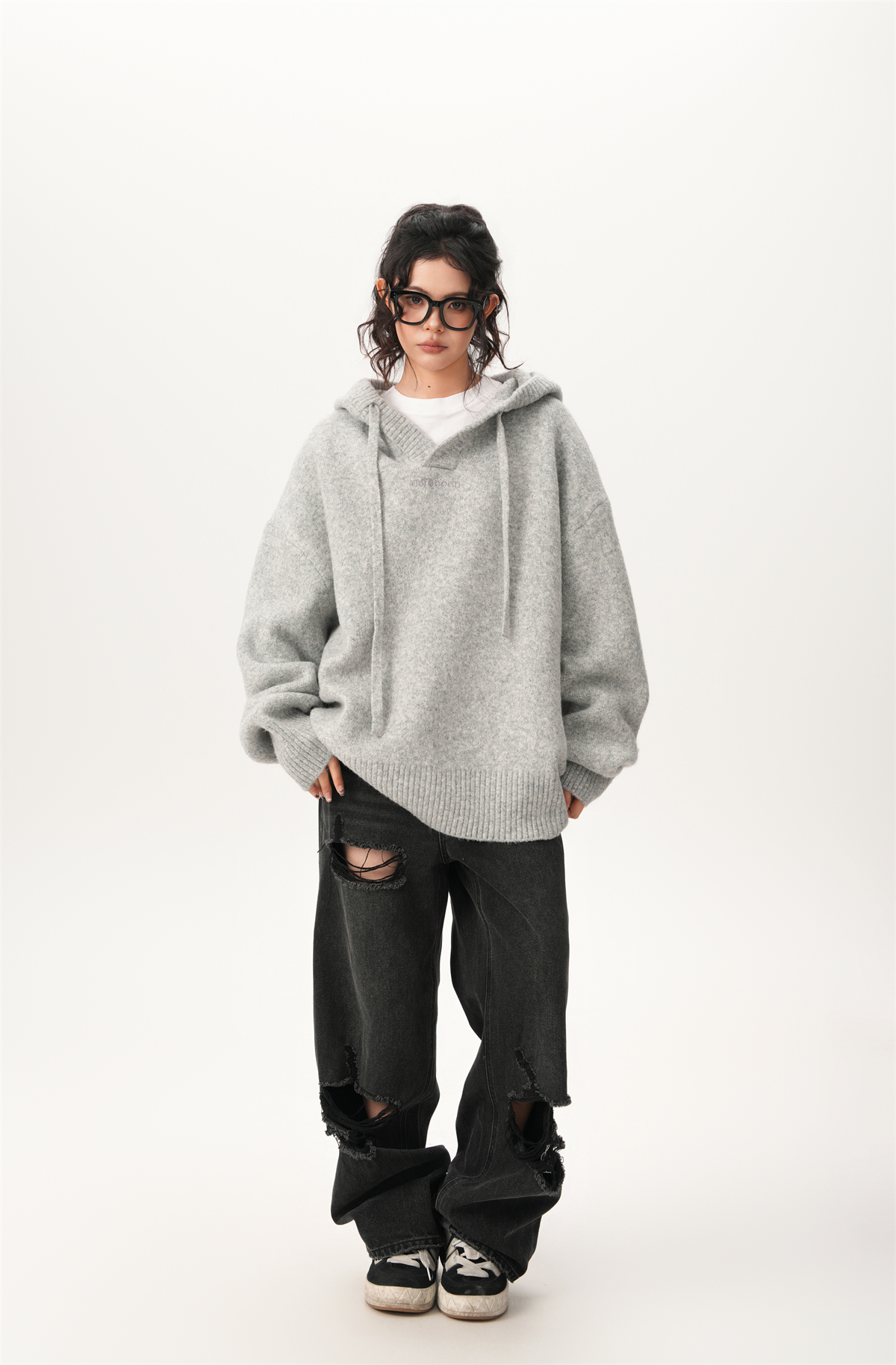 Grey Hooded Knit Pullover