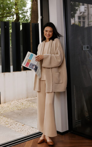 Beige Open-Front Cardigan